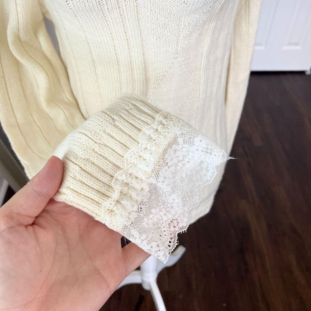 Kawaii Babe Cream Lace Trim Coquette Knit Off-Shoulder Mini Sweater / Dress M - Picture 7 of 8